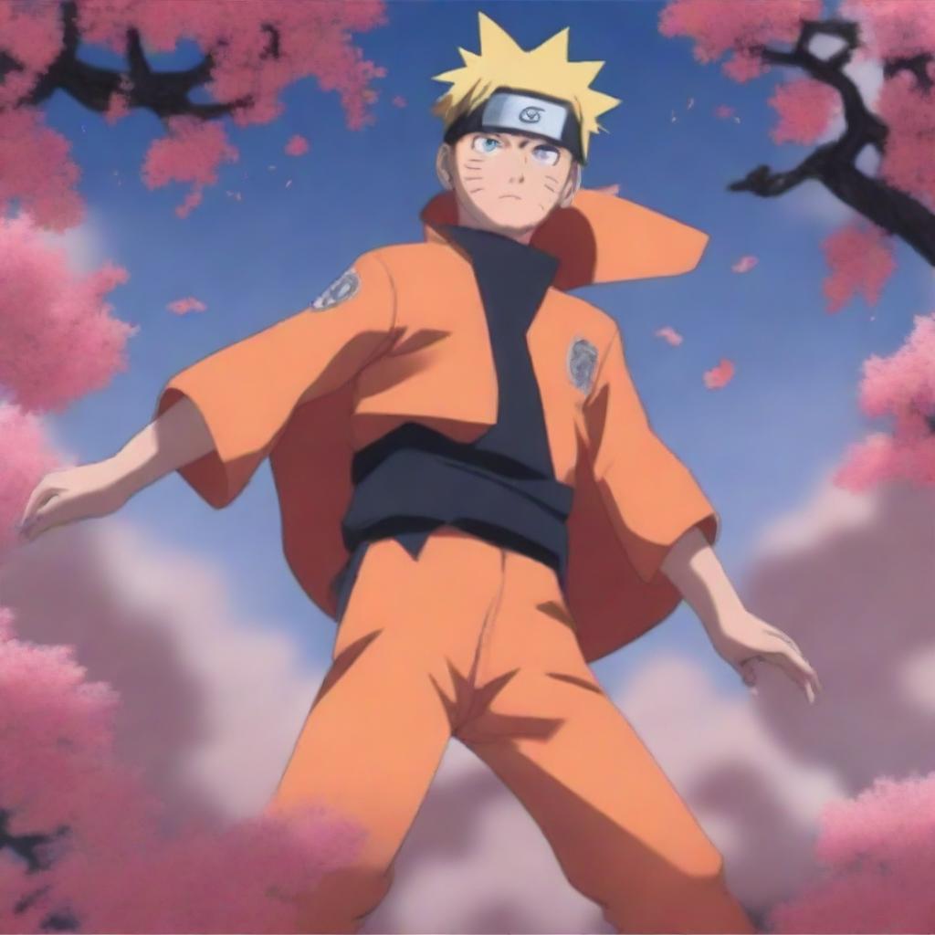 The image features Naruto Uzumaki in the center, his fiery determination highlighted by his intense gaze and confident stance