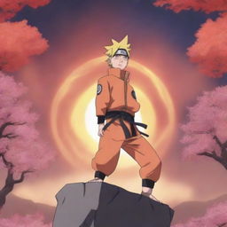 The image features Naruto Uzumaki in the center, his fiery determination highlighted by his intense gaze and confident stance