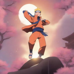 The image features Naruto Uzumaki in the center, his fiery determination highlighted by his intense gaze and confident stance