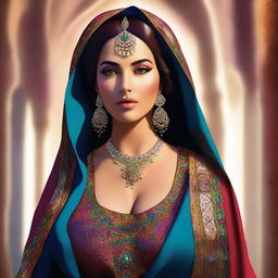 An elegant digital art piece featuring a voluptuous Arab woman