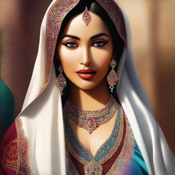 An elegant digital art piece featuring a voluptuous Arab woman