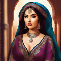 An elegant digital art piece featuring a voluptuous Arab woman