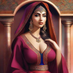 An elegant digital art piece featuring a voluptuous Arab woman