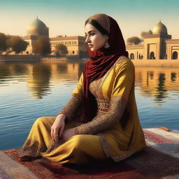 A captivating digital art piece featuring a woman from the Abbasid Islamic era, sitting by the Tigris River with the ancient cityscape of Baghdad in the background