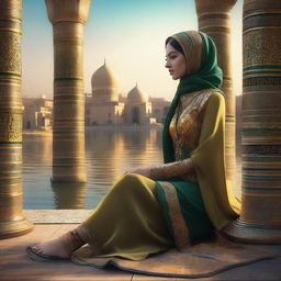 A captivating digital art piece featuring a woman from the Abbasid Islamic era, sitting by the Tigris River with the ancient cityscape of Baghdad in the background