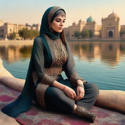 A captivating digital art piece featuring a woman from the Abbasid Islamic era, sitting by the Tigris River with the ancient cityscape of Baghdad in the background