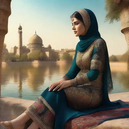 A captivating digital art piece featuring a woman from the Abbasid Islamic era, sitting by the Tigris River with the ancient cityscape of Baghdad in the background