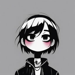 A high-quality digital art image of an emoji styled in an emo theme, featuring black hair, expressive eyes, a lip ring and a black and white color palette