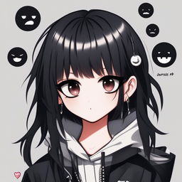 A high-quality digital art image of an emoji styled in an emo theme, featuring black hair, expressive eyes, a lip ring and a black and white color palette