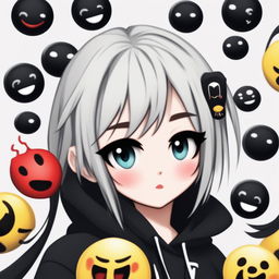 A high-quality digital art image of an emoji styled in an emo theme, featuring black hair, expressive eyes, a lip ring and a black and white color palette