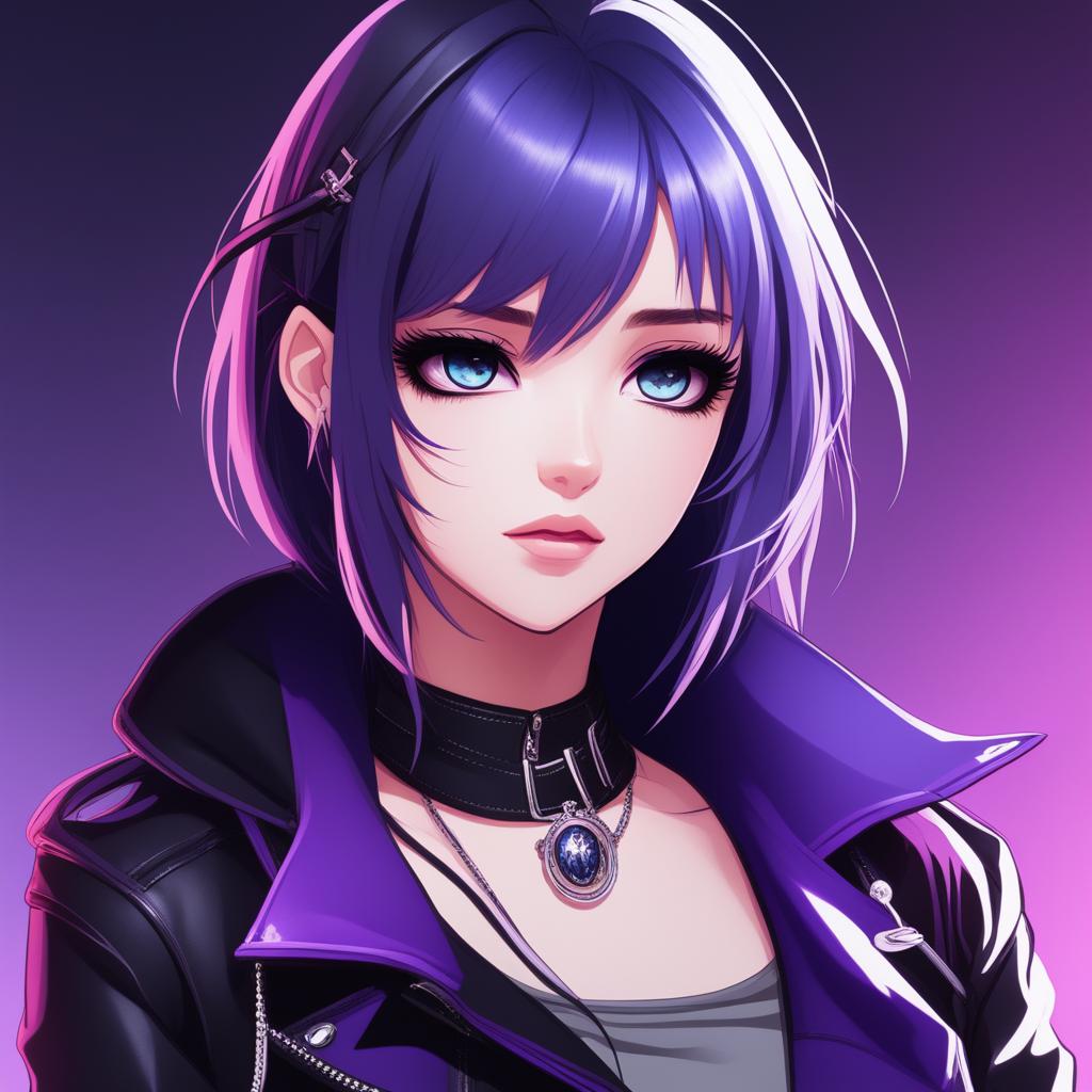 A detailed digital art of an anime-style emo girl with icy-blue eyes, jet black hair with purple streaks, and dark dramatic makeup