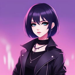 A detailed digital art of an anime-style emo girl with icy-blue eyes, jet black hair with purple streaks, and dark dramatic makeup