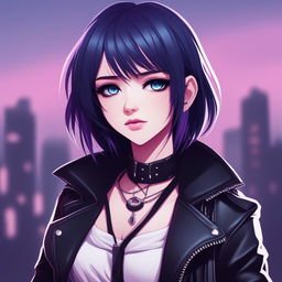 A detailed digital art of an anime-style emo girl with icy-blue eyes, jet black hair with purple streaks, and dark dramatic makeup