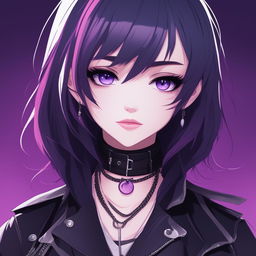 A detailed digital art of an anime-style emo girl with icy-blue eyes, jet black hair with purple streaks, and dark dramatic makeup