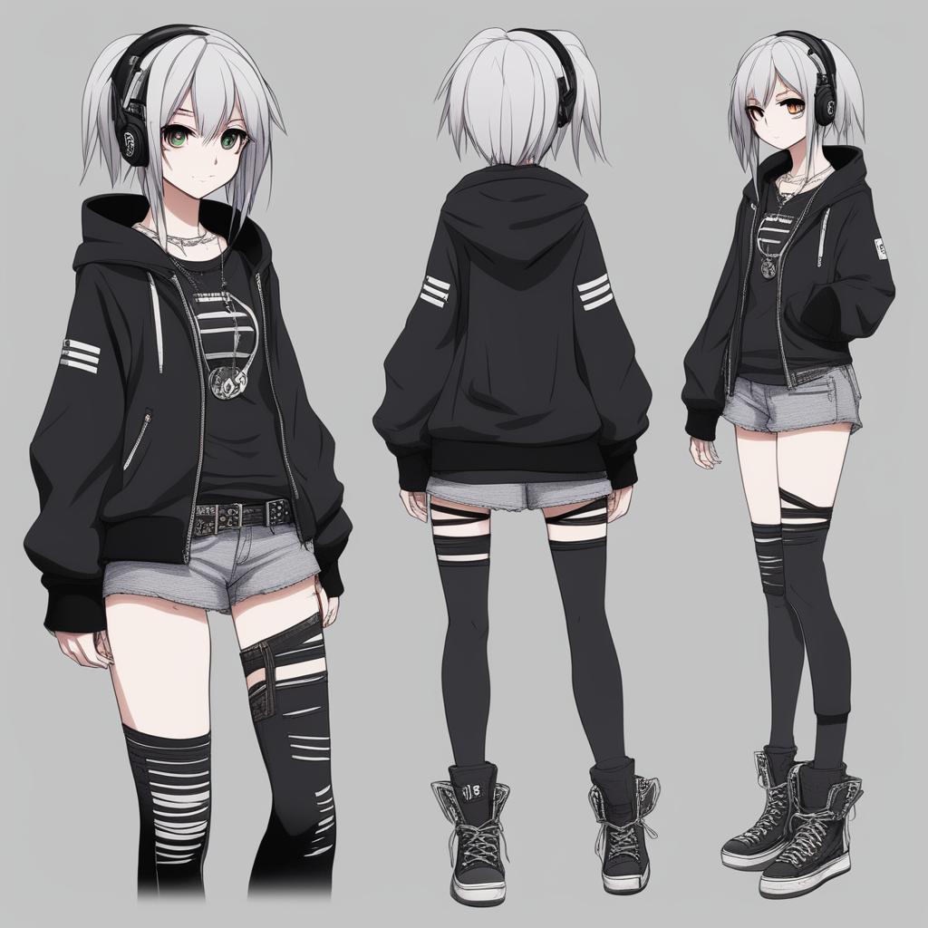 A full-body character design of the anime-style emo girl, complete with notes on her character traits