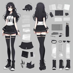 A full-body character design of the anime-style emo girl, complete with notes on her character traits