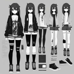 A full-body character design of the anime-style emo girl, complete with notes on her character traits