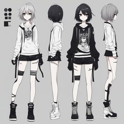 A full-body character design of the anime-style emo girl, complete with notes on her character traits