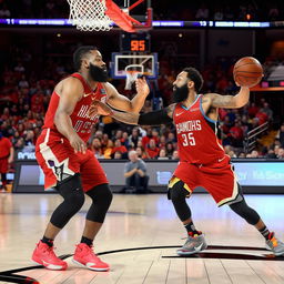 James Harden, positioned to shoot, but instead of a basketball, a brick is in his hands, with the bemused defender in front of him.