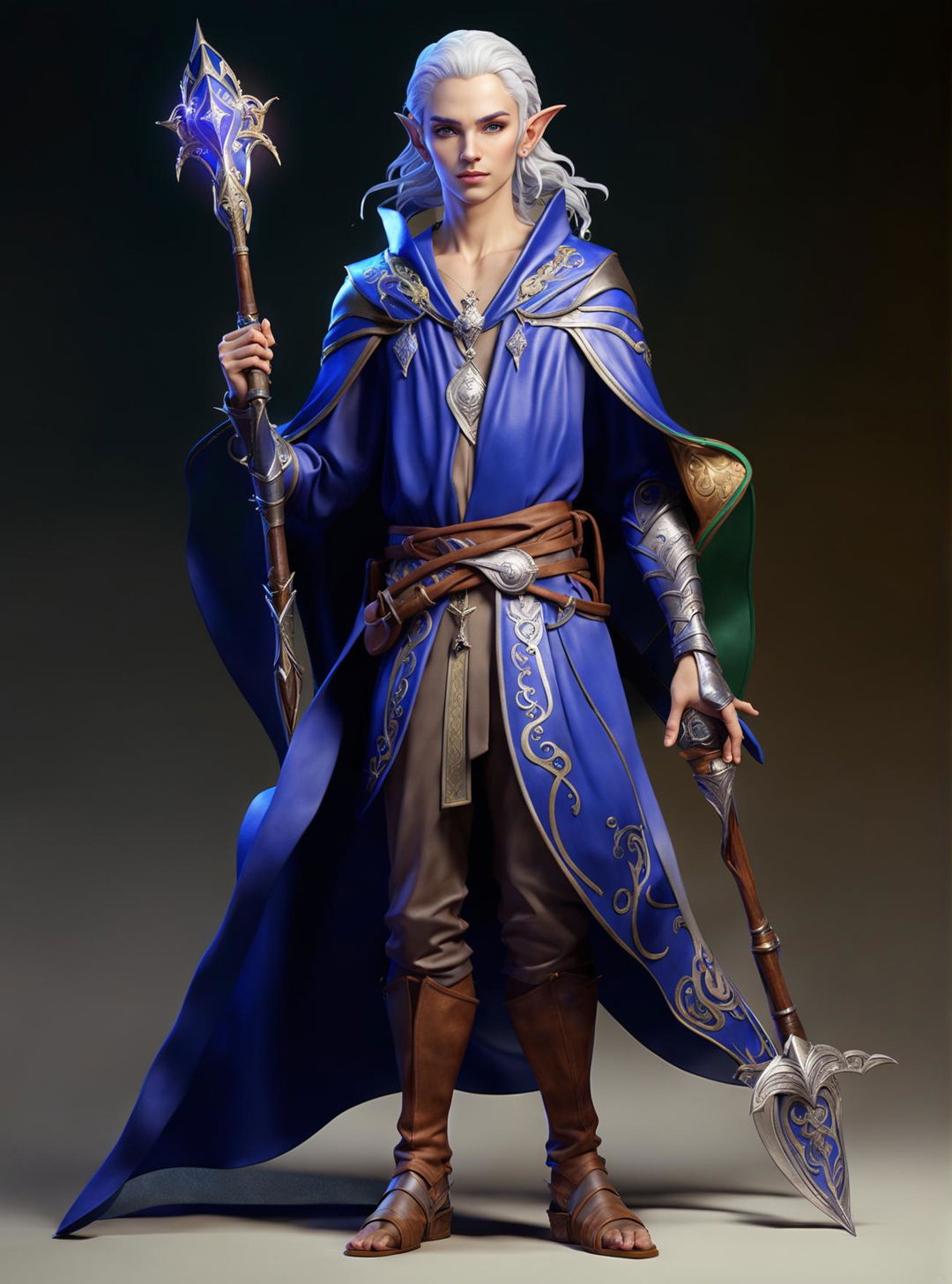 This is a detailed 3D rendering of a noble elf character for a video game