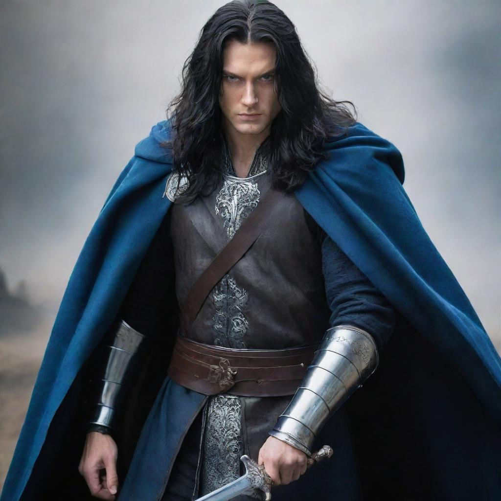 A strikingly beautiful king with long black hair, mesmerizing blue eyes, dressed in battle attire with a cloak, skillfully holding a commanding sword.