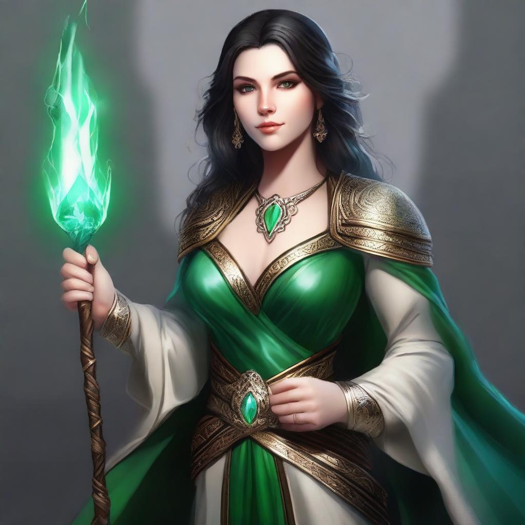 A high-quality digital art image showcasing a human female cleric