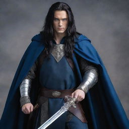 A strikingly beautiful king with long black hair, mesmerizing blue eyes, dressed in battle attire with a cloak, skillfully holding a commanding sword.