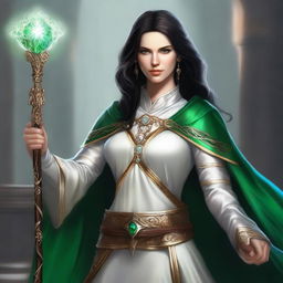 A high-quality digital art image showcasing a human female cleric