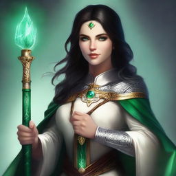 A high-quality digital art image showcasing a human female cleric