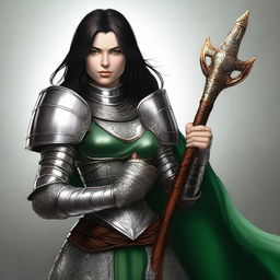 A detailed digital art image depicts a human female cleric adorned in scale mail armor