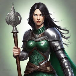 A detailed digital art image depicts a human female cleric adorned in scale mail armor