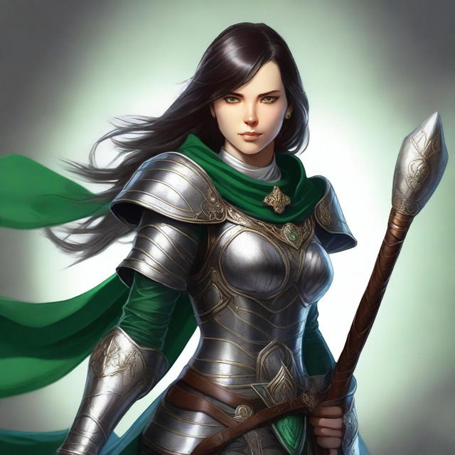 A detailed digital art image depicts a human female cleric adorned in scale mail armor