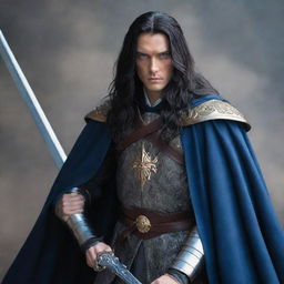 A strikingly beautiful king with long black hair, mesmerizing blue eyes, dressed in battle attire with a cloak, skillfully holding a commanding sword.