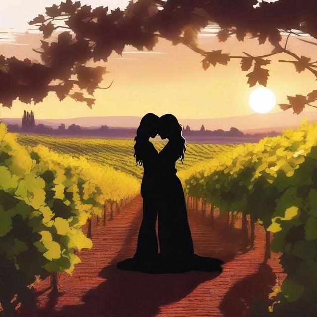 A high-quality digital art depicting a serene vineyard garden, bathed in the soft glow of the setting sun
