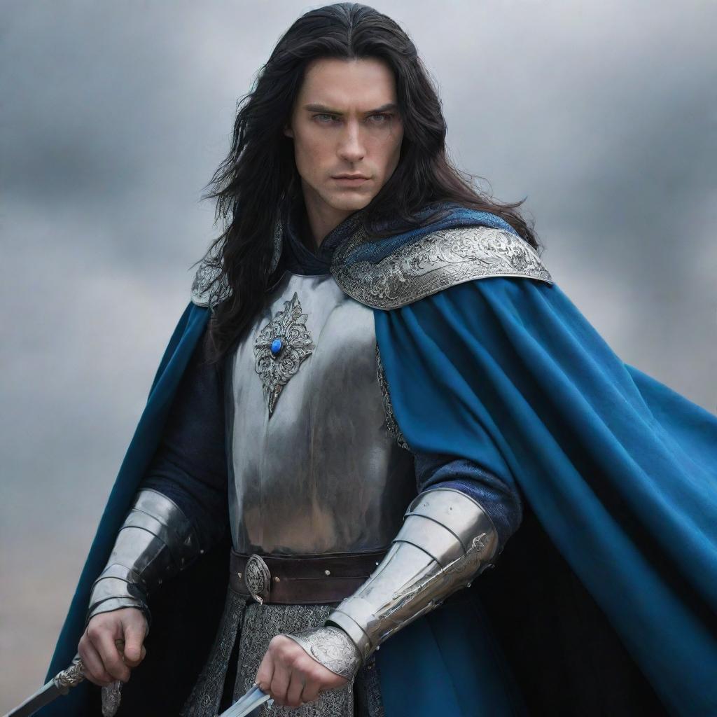 A strikingly beautiful king with long black hair, mesmerizing blue eyes, dressed in battle attire with a cloak, skillfully holding a commanding sword.