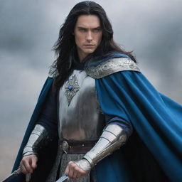 A strikingly beautiful king with long black hair, mesmerizing blue eyes, dressed in battle attire with a cloak, skillfully holding a commanding sword.