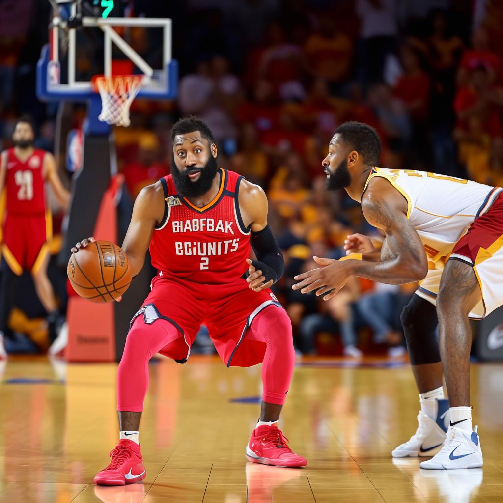 James Harden, positioned to shoot, but instead of a basketball, a brick is in his hands, with the bemused defender in front of him.