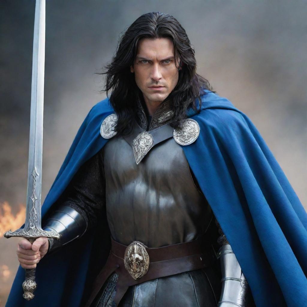 A captivating image of a handsome king with long black hair and enthralling blue eyes, clad in battle dress and cloak, clutching a potent sword.