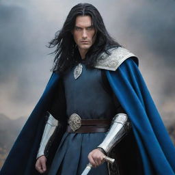 A captivating image of a handsome king with long black hair and enthralling blue eyes, clad in battle dress and cloak, clutching a potent sword.