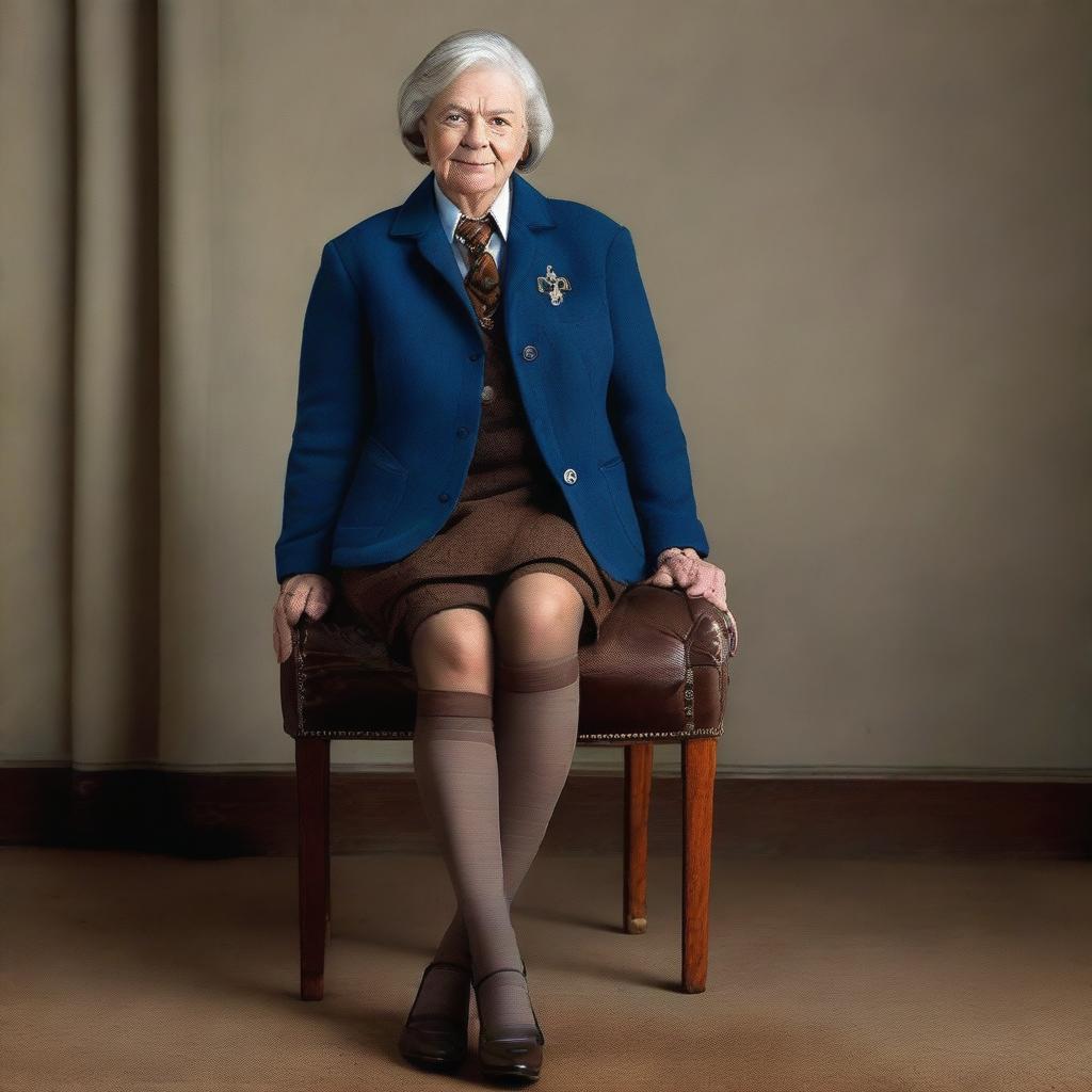 A high-resolution, realistic photograph taken with a Nikon camera showcases an older woman in a private school jacket, exuding an intriguing mix of maturity and school-girl charm