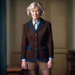 A high-resolution, realistic photograph taken with a Nikon camera showcases an older woman in a private school jacket, exuding an intriguing mix of maturity and school-girl charm