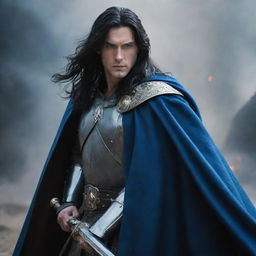 A captivating image of a handsome king with long black hair and enthralling blue eyes, clad in battle dress and cloak, clutching a potent sword.