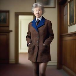 A high-resolution, realistic photograph taken with a Nikon camera showcases an older woman in a private school jacket, exuding an intriguing mix of maturity and school-girl charm