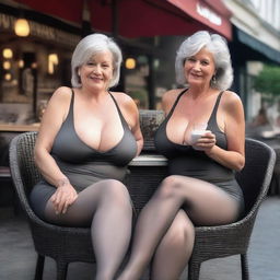 This ultra-realistic photograph showcases two slender 50-year-old women at an outdoor cafe