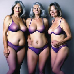 This ultra-realistic photograph captures three slender 60-year-old women in a moment of sheer pleasure