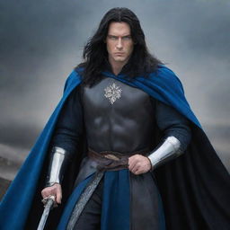 A captivating image of a handsome king with long black hair and enthralling blue eyes, clad in battle dress and cloak, clutching a potent sword.