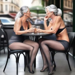 An ultra-realistic photograph portrays two slender women in their 50s, sitting open-legged at an outdoor café