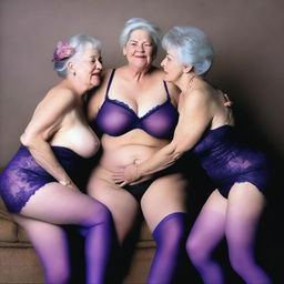 An ultra-realistic photograph depicts three slender women in their 60s, embracing in a moment of shared pleasure