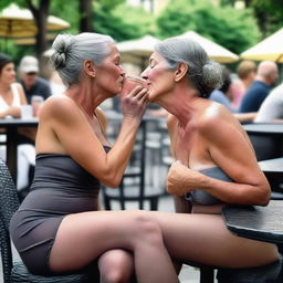 In this ultra-realistic photograph, two slender 50-year-old women are captured in a passionate kiss at an outdoor cafe