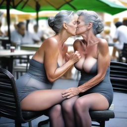 In this ultra-realistic photograph, two slender 50-year-old women are captured in a passionate kiss at an outdoor cafe